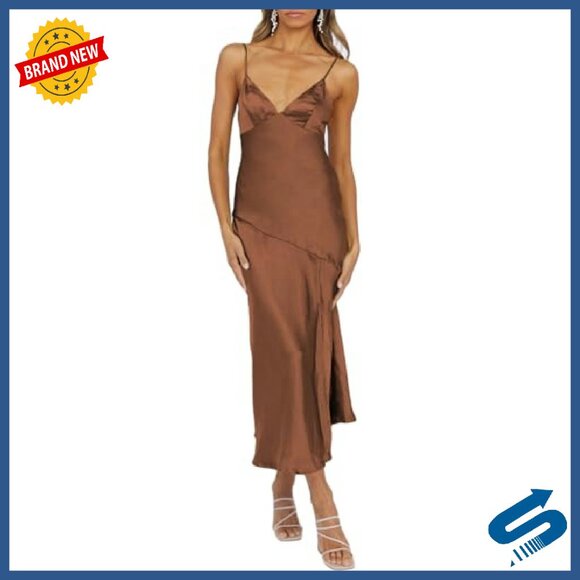 Satin V-Neck Midi Dress with Spaghetti Straps & Backless Design - Picture 2 of 7